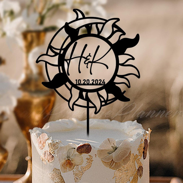 Personalized Sun With Moon Wedding Cake Topper, Abstract Face Outline Cake Ornament, Custom Rustic Initial Cake Sign, Anniversary Cake Decor