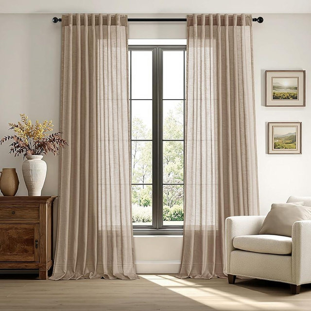 Taupe Sheer Linen Curtains 90 inch Long Back Tab Light Filtering Living Room Drapes Linen Blend Farmhouse Minimalist Neutral Semi Sheer Curtain for Dining Room Bedroom 90 inch Length 2 Panels Set