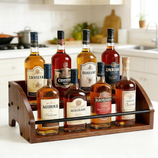 HRUSGO Rustic Wooden Countertop Organizer - Liquor Cabinet ,Coffee Syrup Rack, Mini bar, Home Retro Bar Shelf Stand for Liquor, Whiskey, Spirits & Spices (2-Tier)
