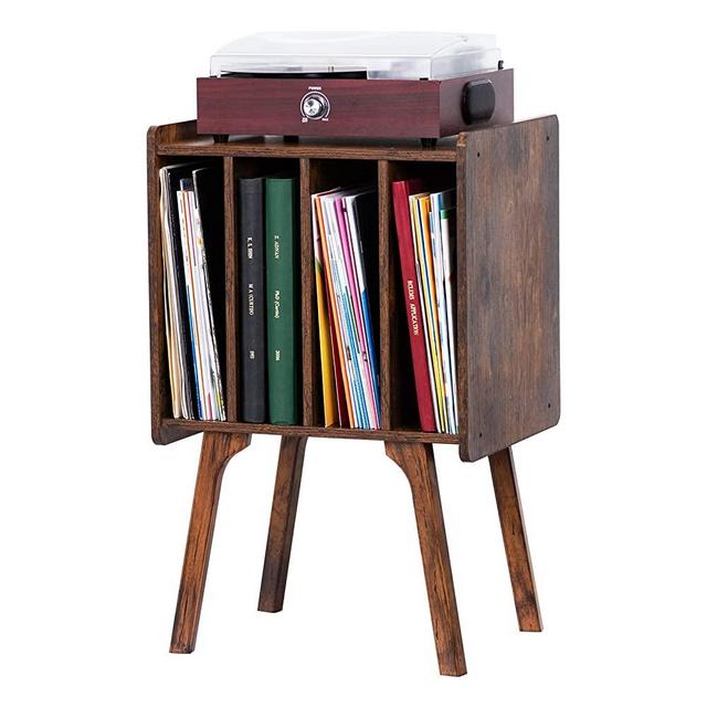 LELELINKY Record Player Stand,Vinyl Record Storage Table with 4 Cabinet Up to 100 Albums,Mid-Century Modern Turntable Stand with Wood Legs,Brown Vinyl Holder Display Shelf for Bedroom Living Room
