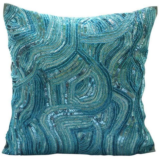 The HomeCentric Blue Accent Pillow, Sequins Beaded Abstract Glitter Sparkly Pillow Cover, 14x14 inch (35x35 cm) Decorative Pillow Cover, Square Silk Throw Pillow Cover, Beach, Sea - Aqua Infinity