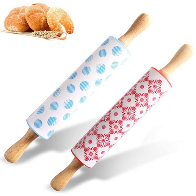 Silicone Rolling Pin - Premium Kitchen Baking Pin for Rolling and Baking - Colorful Non-Stick Dough Baker Roller with Wooden Handle for Dough, Bread and Pizza