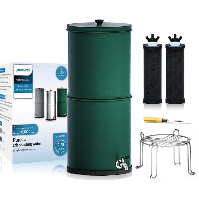 Purewell 3-Stage 0.01μm Ultra-Filtration Gravity Water Filter System, NSF/ANSI 372 Certification, 304 Stainless Steel Countertop System with 2 Filters and Stand, Reduce 99% Chlorine, 2.25G, PW-OB