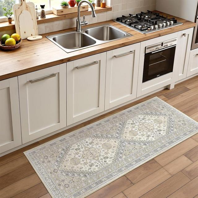 Restydon Runner Rug 2x6, Ultra-Thin Entryway Rug Non Slip Washable Rugs for Laundry Room, Runners for Hallways, Vintage Soft Rugs for Living Room, Kitchen, Bedroom(Beige,2'x6')