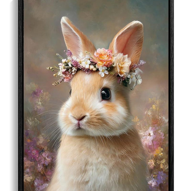 Framed Easter Bunny Wall Art Decor, Vintage Neutral Rabbit Canvas Painting Prints, Spring Holiday Theme Home Decor Animal Artwork for Bathroom, Living Room, Bedroom, Kids Room, Floating Framed 8*10in