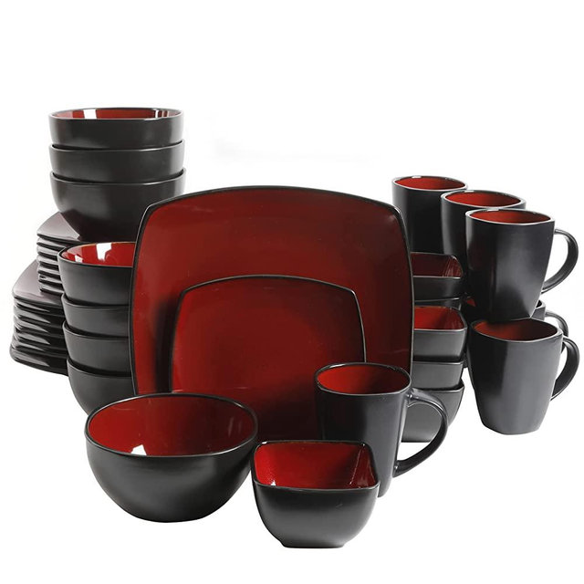 Gibson Soho Lounge Square Reactive Glaze Stoneware Dinnerware Set, Service for 4 (40pc), Red/Black