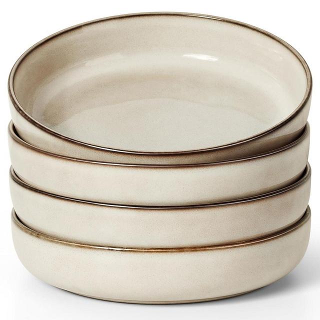 Herogo Pasta Plates and Bowls Sets of 4, Stoneware Large Wide Shallow 37oz Salad Soup Cereal Serving Bowls for Kitchen Dinner, Microwave & Dishwasher Safe, Cream Khaki