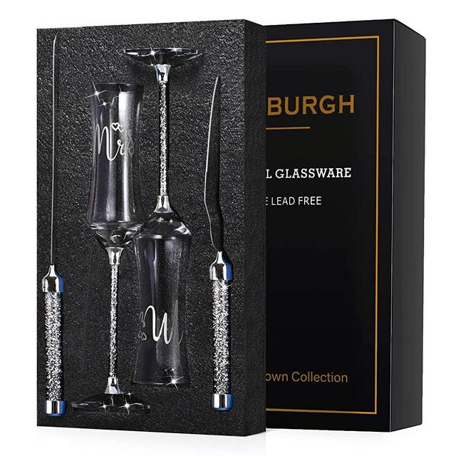 4 Pieces Wedding Champagne Flutes and Cake knife Server Set Champagne Glasses Silver Print Mr and Mrs Wedding Reception Supplies Bride and Groom Toasting Flutes Cake Pie Server Engagement Wedding gift