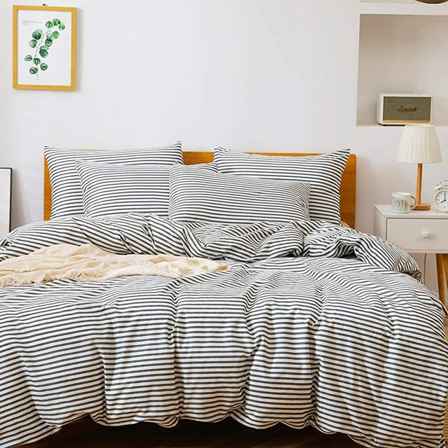 JELLYMONI 100% Natural Cotton 3pcs Striped Duvet Cover Sets,White Duvet Cover with Dark Grey Stripes Pattern Printed Comforter Cover,with Zipper Closure & Corner Ties(King Size)