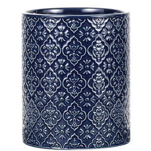 Kitchen Utensil Holder, 6x7 inch Large Ceramic Utensil Holder with Embossed Pattern, Cooking Utensil Crocks for Kitchen Countertop, Home Decor, Blue