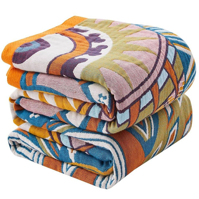 HBNDIL Boho Blanket Soft Muslin BohoThrow Blanket, 100% Cotton Floral Printed Farmhouse Decor All Season Reversible Rustic Throw for Sofa Couch Chair (Orange, 60"x80")