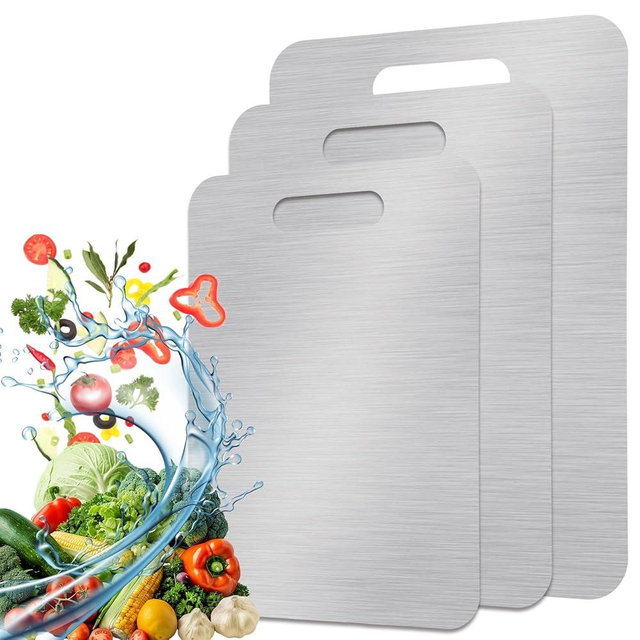 3Pcs Titanium Cutting Boards, Double-Sided Food Grade Non Toxic Cutting Board, Stainless Steel Cutting Board Chopping Boards Necessities for Home Outdoor Camping Meal Prep, 8x12in, 9x13in, and 11x15in
