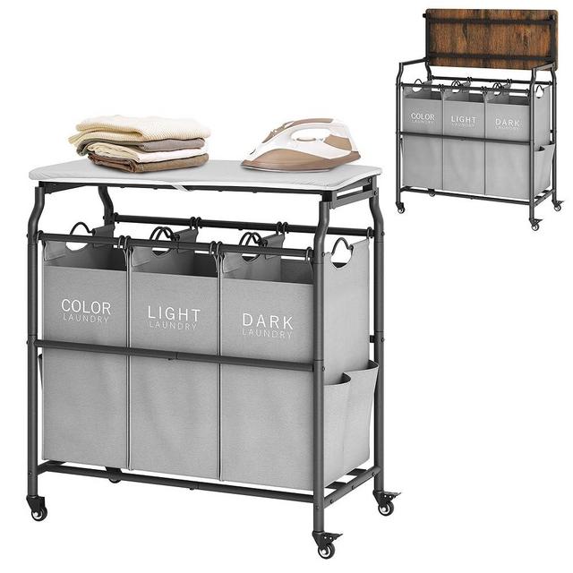Hoctieon 3 Section Laundry Sorter Cart with Ironing Board, Laundry Hamper with Shelf and Rolling Wheels, Heavy Duty Laundry Basket Organizer, Large Laundry Separator Hamper with Removable Bags, Gray