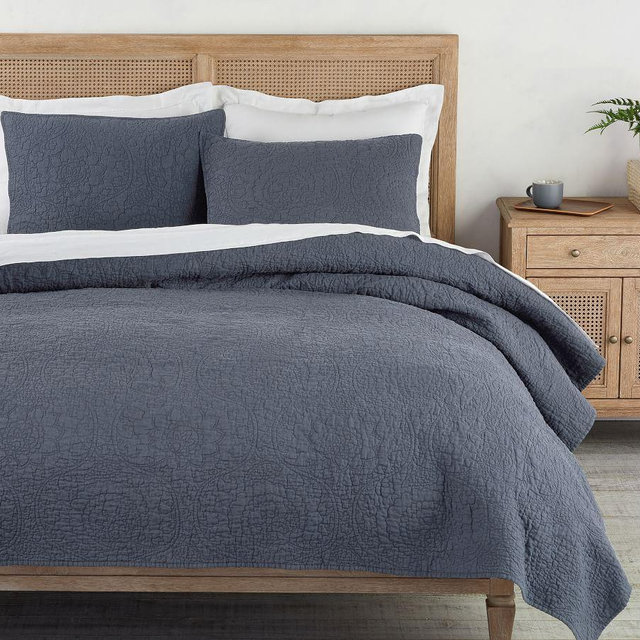 Steel Blue Belgian Flax Linen Floral Stitch Quilt, Full/Queen
