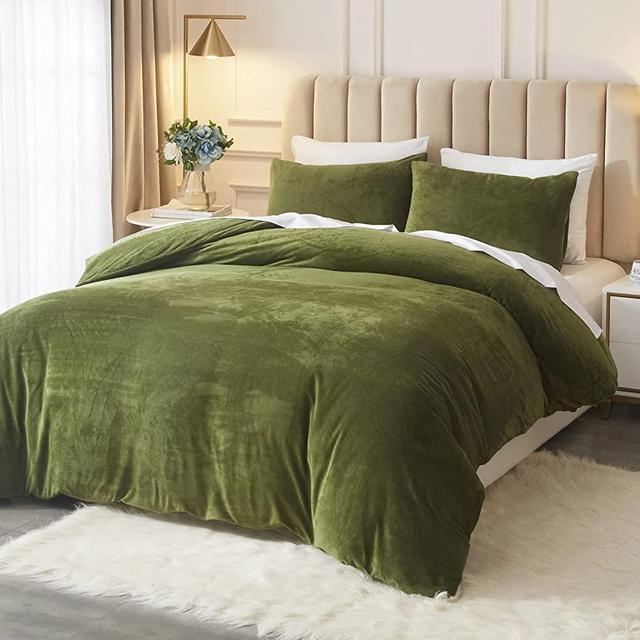 Grassix Green Velvet Duvet Cover Queen Luxury Flannel Duvet Cover Bedding Set Ultra Soft Solid Velour 3 Pcs Duvet Cover Sets with 2 Pillowcases Zipper Closure Quilt Cover Sets