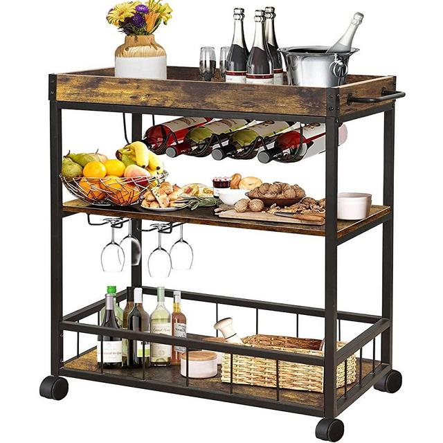 Bar Cart Portable Bar Carts for The Home Wine Bar Mini Bars for Home Bar & Serving Carts Outdoor Bar Cart Wine Cart Coffee Cart Bar Carts with Wine Rack Removable Wood Tray Size 36.53x31.5x15.75 in