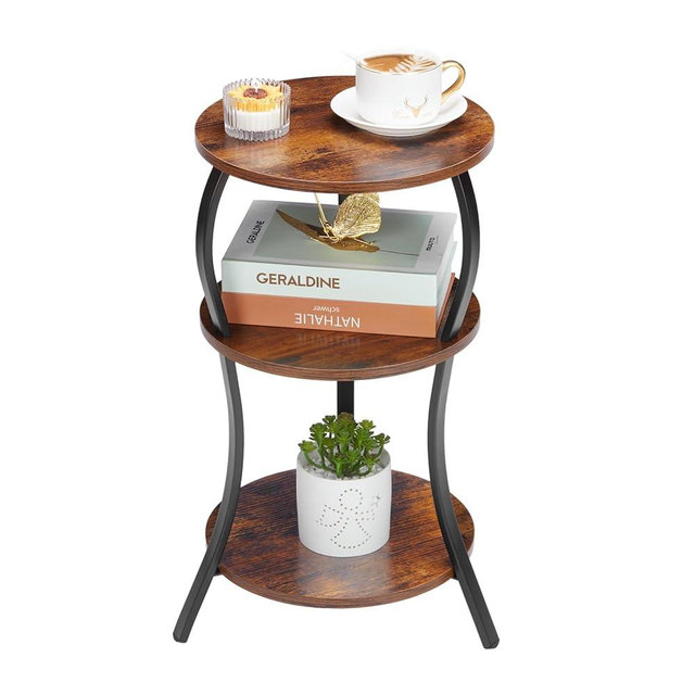Vintage Small Round Side Table, 3-Tier Slim Waist Circular End Table with Storage Shelf, Compact Tea Sofa Table, Round Corner Coffee Table Nightstand for Living Room Bedroom Small Spaces,Rustic Brown