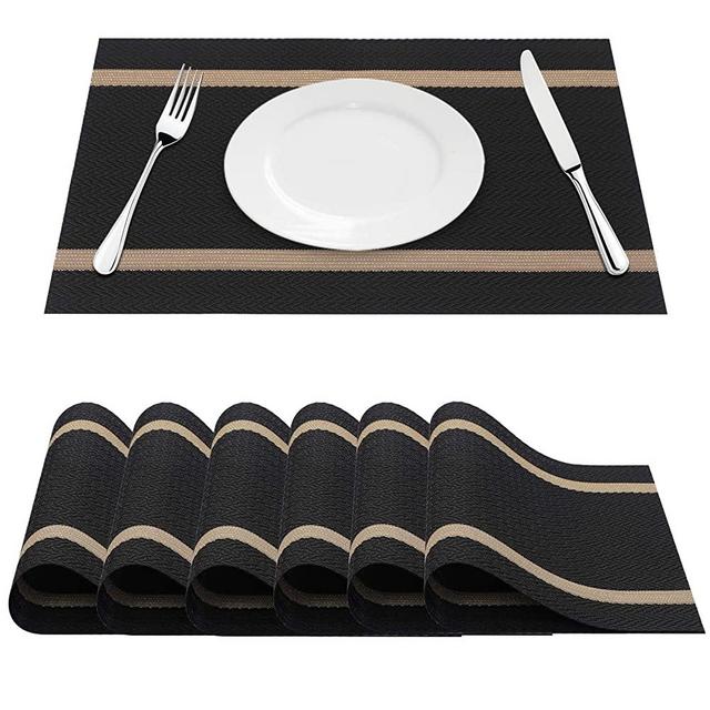 FYY Placemats, Placemats for Dining Table, Anti-Skid Heat-Resistant Washable PVC Table Mats Durable Stain Resistant Woven Vinyl Kitchen Table Mats, Set of 6 Black