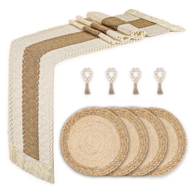 Placemats Set of 4, Natural Charger Plates Round Placemats with Table Runner and Napkin Rings,Non-Slip Heat-Resistant Table Mats for Dining Table Décor During Thanksgiving Christmas and New Year