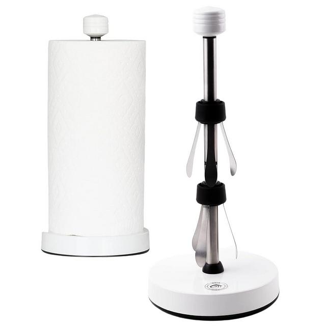 Stainless Steel White Paper Towel Holder Designed for Easy One-Handed Operation - This Sturdy Weighted Paper Towel Dispenser Countertop Model Has Suction Cups and Holds All Paper Towel Rolls