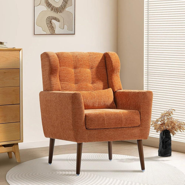 QKFF Modern Accent Chair, Upholstered Armchair with Pillow, Fabric Single Sofa Chair with Lounge Seat and Wood Legs Accent Chair for Living Room Bedroom Small Spaces (Orange, Set of 1)