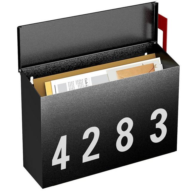 LAND·VOI Modern Wall-Mount Mailbox, Mailboxes for Outside, with One Flag Kit and Three Sets of 0-9 Mailbox Number Stickers, Rust-Proof Metal Post Box, 4.33" Dx14.2 Wx10.43 H, Textured Black, AMB03B01