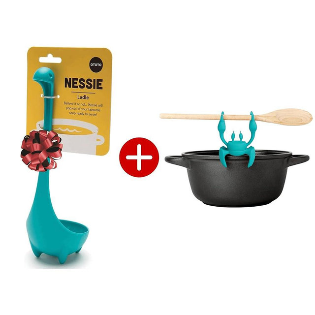 Bundle of 2!!! Nessie Turquoise Original Nessie Ladle by OTOTO - Soup Ladle + Aqua the Crab Silicone Utensil Rest