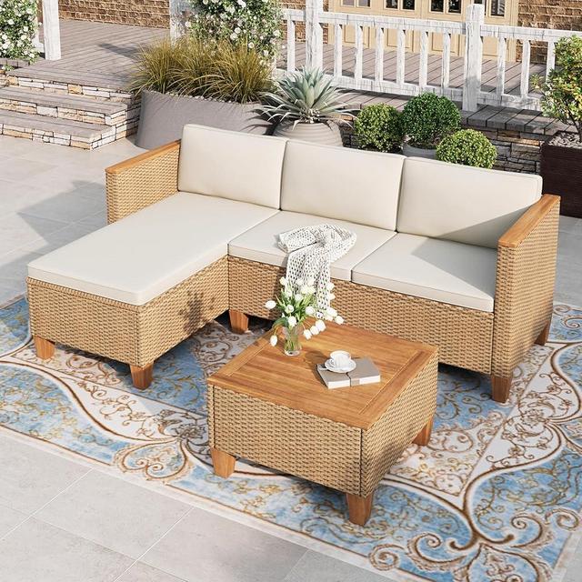 HERA'S HOUSE Patio Furniture Set, All Weather 3 Pieces Wicker Outdoor Conversation Sectional Set with Lounge Sofa and Coffee Table for Lawn, Garden