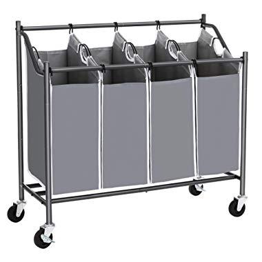 SONGMICS 4-Bag Laundry Cart Sorter, Rolling Laundry Basket Hamper, with 4 Removable Bags, Casters and Brakes, Gray URLS90GS