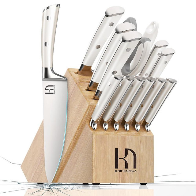 2024 Upgraded Knife Set Premium Japanese 15 Piece High Carbon Stainless Steel Kitchen Knife Block Sets with Sharpener, Razor Sharp Knives Set for Kitchen with Angled Natural Wood Knife Block