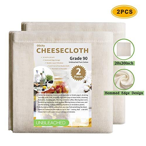 Olicity Cheesecloth, 20x20 Inch, Grade 90, 100% Unbleached Pure Cotton Muslin Cloth for Straining, Ultra Fine Reusable Hemmed Edge Cheese Cloth Filter Strainer for Cooking, Nut Milk Strain (2 Pieces)