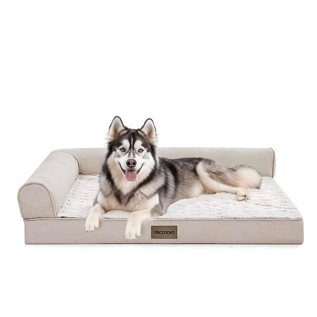 Deconovo Luxury PV Velvet and Linen Dog Bed with L-Shape Armrest, Anti-Slip Base with Non-Skid Dots, Removable Washable Cover, Massage Sponge Filling for Large Dogs,42x31x8 Inches,Brown