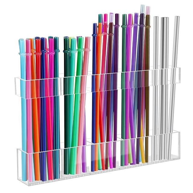 9.5” Large Acrylic Straw Holder for Cabinet Door - Reusable Tumbler Straw Organizer Storage, Small Kitchen Accessories Container, Ultra Sticky Cupboard Door Mounted (Transparent)