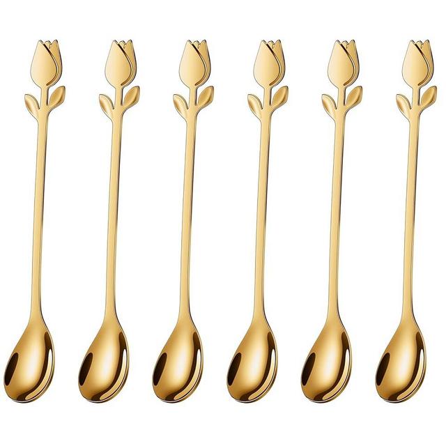 SGVRPVZ Gold Tulip/Rose Handle Tea Spoons 6-Pcs Set - 6" Stainless Steel for Mini Coffee Spoons, Espresso, Dessert - Ideal for Demitasse & Small Servings
