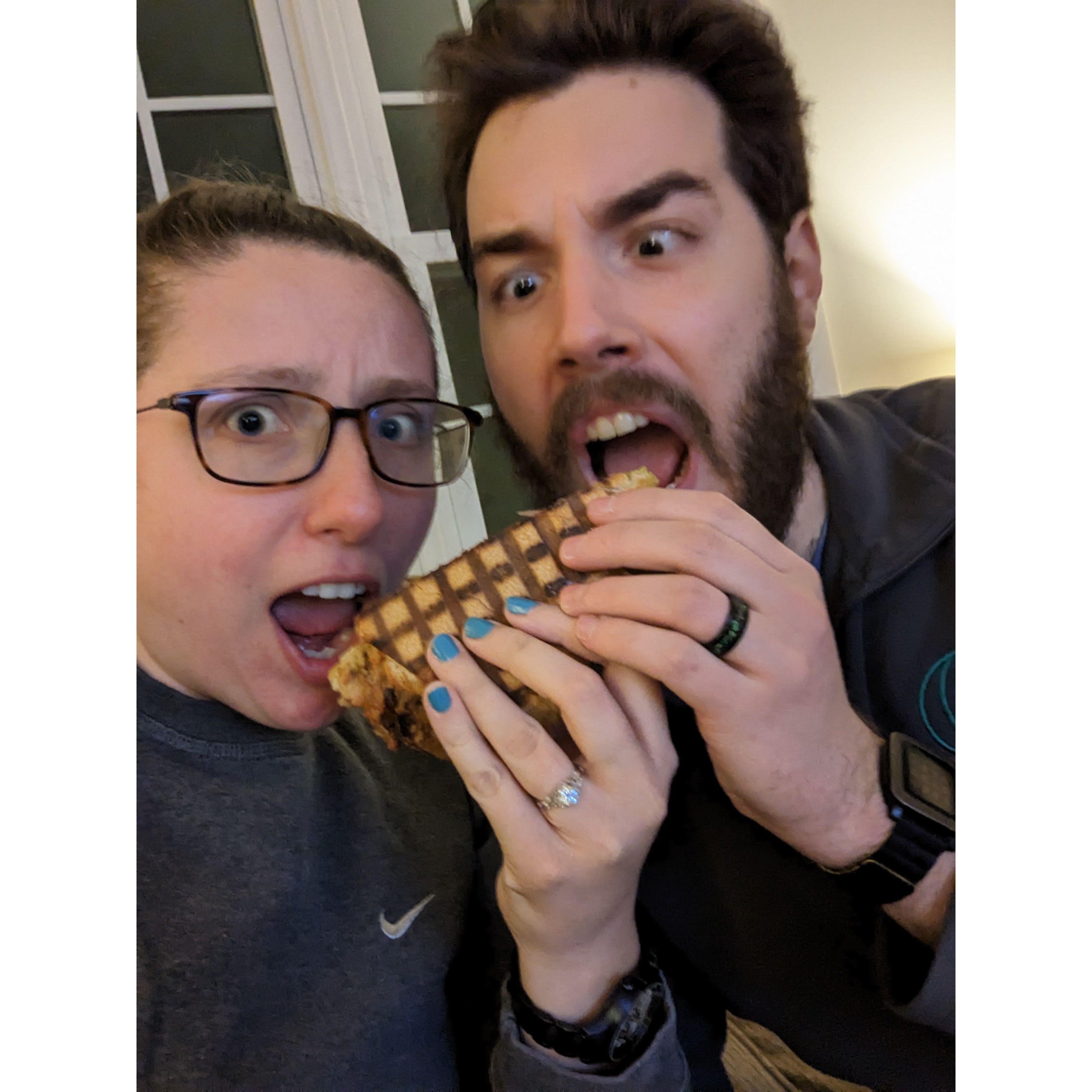 Clay and Zoe celebrated their engagement by ordering from the same overpriced panini restaurant that the got on closing day for the house. Its now a tradition for special events.