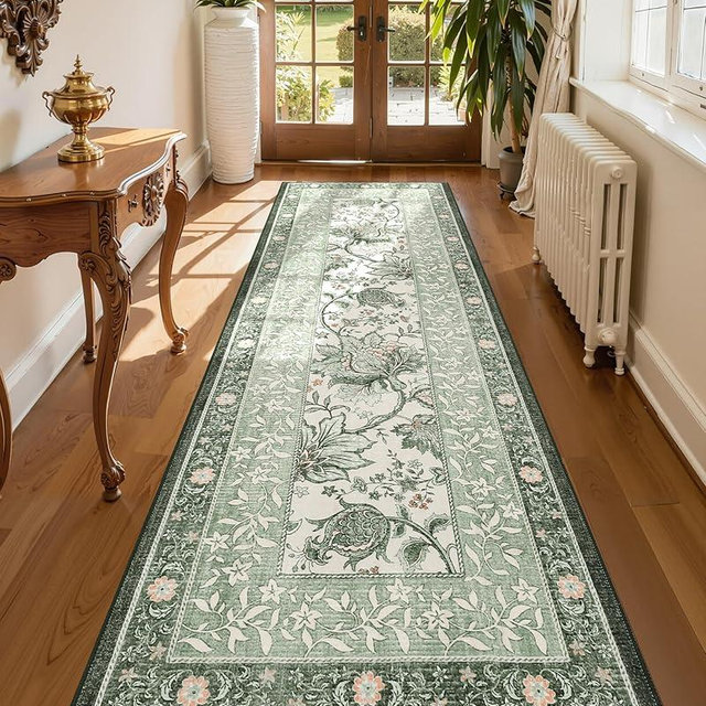 GarveeHome Sage Green 2.5 x 8 Washable Kitchen Runner Rugs Non Slip Provence Vintage Boho Cottage Long Rug for Hallways Bedroom Entryway Bathroom Mat with Rubber Back