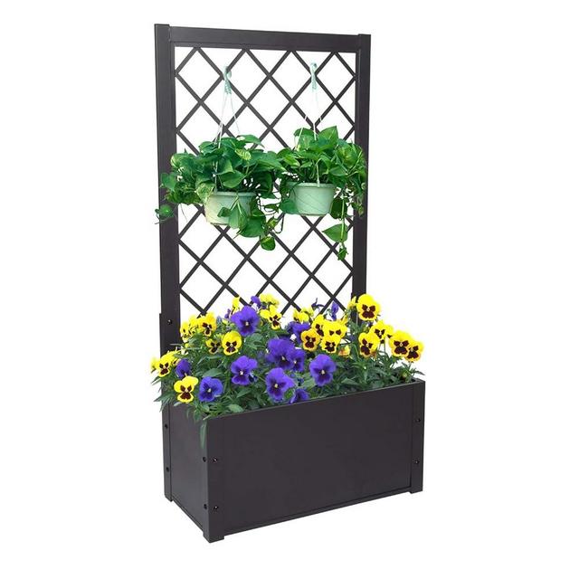 kinbor Planter with Trellis - Metal Planter Boxes Outdoor, Raised Garden Bed with Lattice Trellis for Climbing Plants, Black Flower Boxes Outdoor