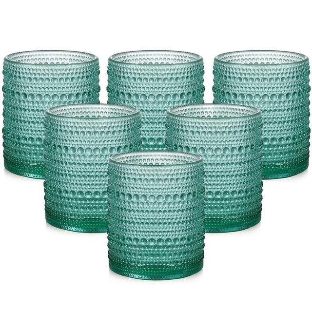 ZMOWIPDL Vintage Glassware Drinking Glasses Set of 6,12 oz Hobnail Glass Cups,Embossed Lake Blue Water Tumbler,for Beer,Cocktail,Whiskey,Juice and Various Mixed Drinks- 1 Cleaning Brush
