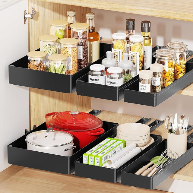 Delamu 3 Pack Pull Out Cabinet Organizer, 15.7" Deep Pull Out Drawers for Cabinets, Slide Out Drawers for Kitchen Cabinets, Bathroom Cabinet Organizer, Pantry (Black)
