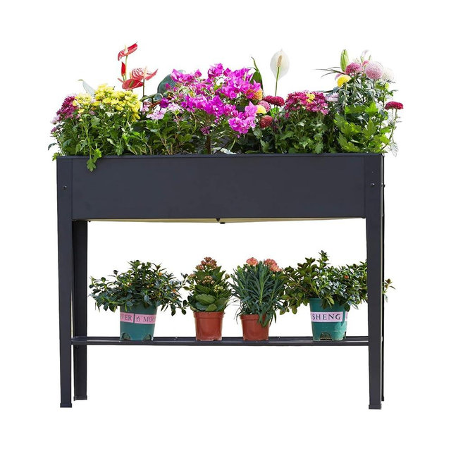Piksedo Raised Garden Bed, Elevated Planter Black Metal Plant Box with Legs Standing Garden Stand Drainage Holes Black (Black 40" L x 11" W x 31" H)