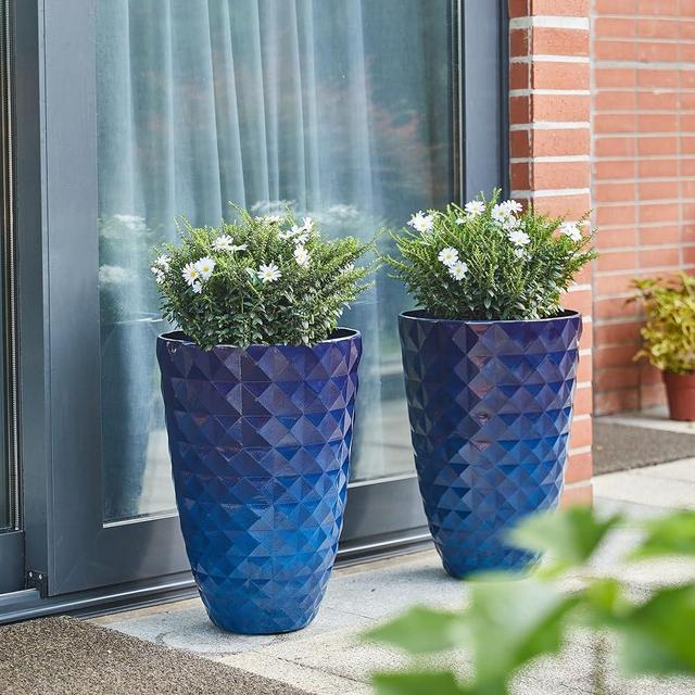 glitzhome 19.75" H Oversized Tall Planter,Modern Set of 2 Textured Gradient Cobalt Blue Round Garden Plant Pots with Drainage Holes Flower Containers for Indoor Outdoor, Front Door, Patio and Deck