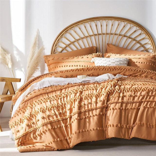 sponwilar 7 Pieces King Size Comforter Set, Pumpkin Tufted Boho Shabby Chic Bed in a Bag Comforter and Sheet Set, Soft Microfiber Lightweight Bedding Set for All Season (Pumpkin, King)