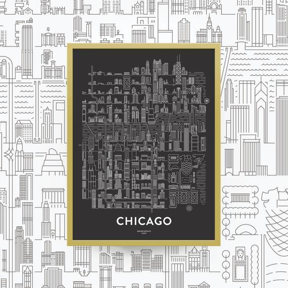 CHICAGO Skyline Map Print / Chicago Art Gift / Chicago Artwork / Chicago Wall Art / Chicago Decor / Housewarming Gift / Unique Art Gift