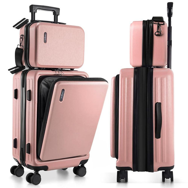TRAVELARIM 22 Inch Carry On Luggage, Carry On Suitcase with Wheels, Hardside Luggage Carry-On, Expandable Pink Small Suitcase, Hard Shell Carry-on Luggage, Spinner Luggage with Cosmetic Bag
