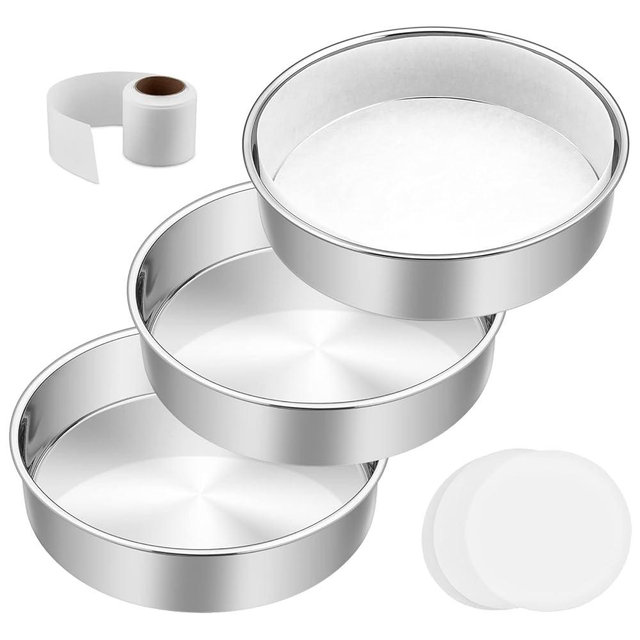 8 Inch Cake Pan Set of 3, E-Far Stainless Steel Round Layer Cake Baking Pans with Parchment Rounds & Side Liner Roll, Non-Toxic & Healthy Metal Cakes Tin, Straight Side & Dishwasher Safe