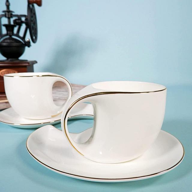 Set of 2-8 Oz Bone China Pure White coffee cup and Saucer,for Specialty Coffee Drinks, Latte, Cafe Mocha and Tea