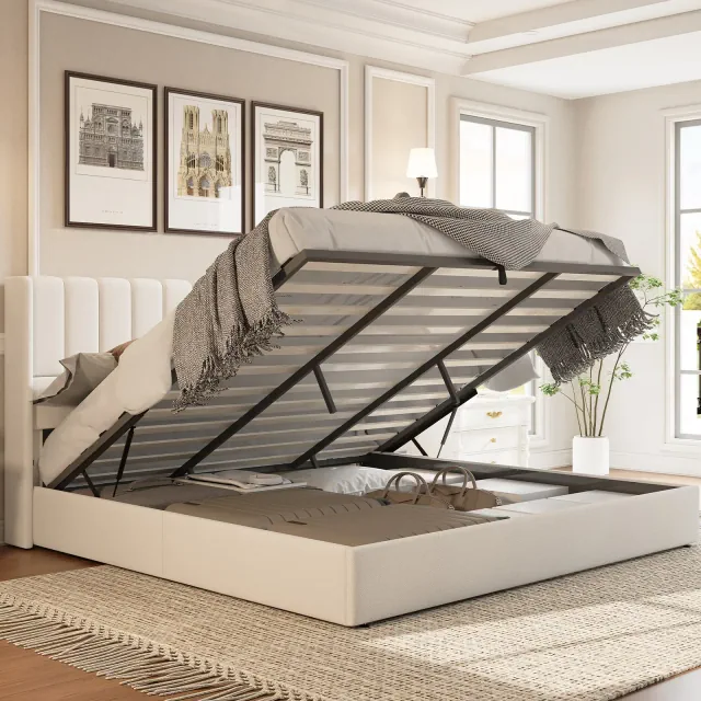 AMERLIFE King Size Lift Up Storage Bed Frame, Linen Upholstered Platform Bed with Vertical Channel Tufted Headboard and Wingback, White