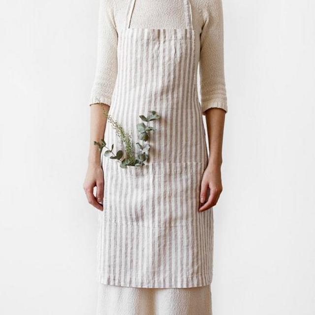 White Natural Stripes Stone Washed Linen Apron