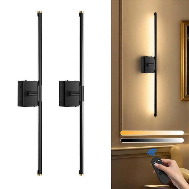 SAIMAND Wall Sconces Set of 2 Battery Operated, Wireless USB 8000mAh Rechargeable Wall Lights with Remote Control,3000K-6000K LED Dimmable Decor Lamp for Living Room,Bedroom,Hallway (27in Black)