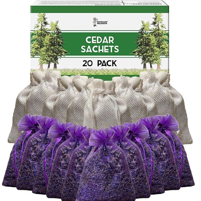 Professor Killamoth Cedar Chips and Lavender Sachets (20 Pack) - Stop Clothes Damage - Cedar and Lavendar Home Fragrance Sachets for Drawers and Closets